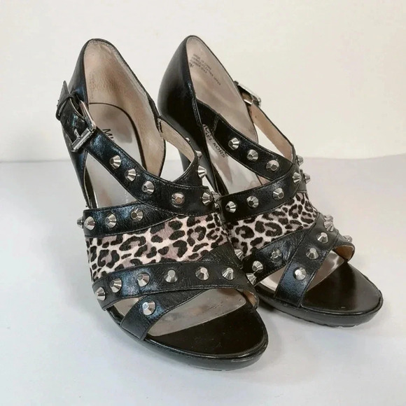 MICHAEL KORS | PEEP TOE LEOPARD PRINTED STUDDED  HEELS - Picture 1 of 15